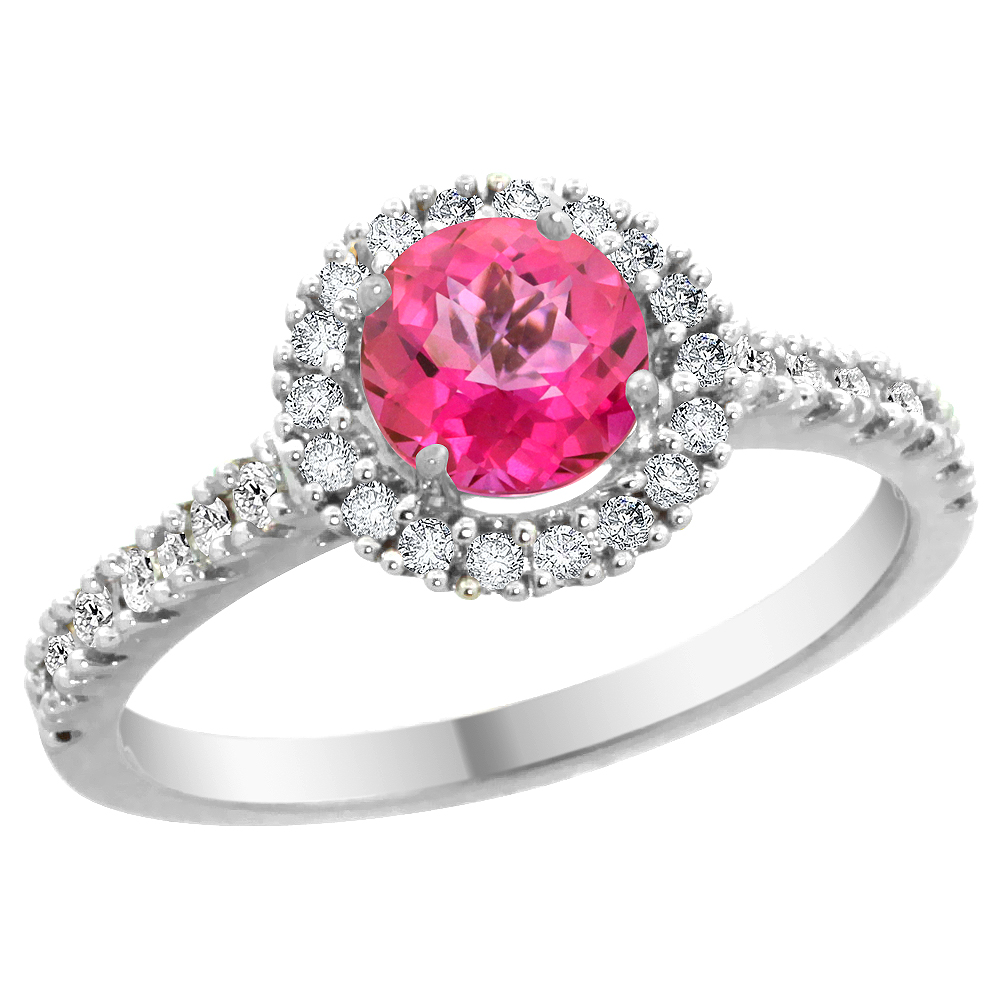 14K White Gold Diamond Halo Natural Pink Topaz Ring Round 6mm, sizes 5 - 10