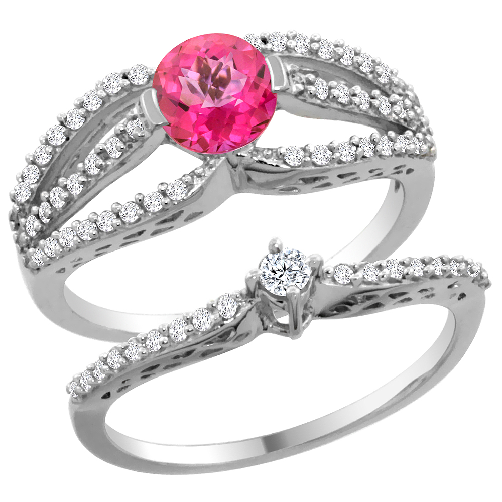 14K White Gold Natural Pink Topaz 2-piece Engagement Ring Set Round 5mm, sizes 5 - 10