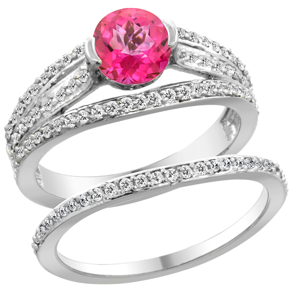 14K White Gold Natural Pink Topaz 2-piece Engagement Ring Set Round 6mm, sizes 5 - 10