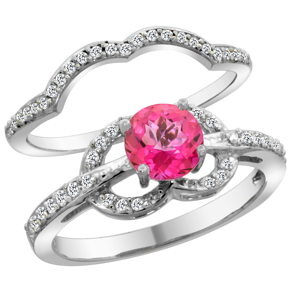 14K White Gold Natural Pink Topaz 2-piece Engagement Ring Set Round 6mm, sizes 5 - 10