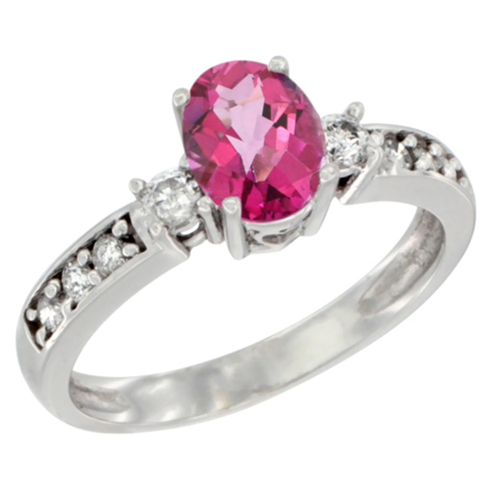 14K White Gold Natural Pink Topaz Ring Oval 7x5 mm Diamond Accent, sizes 5 - 10