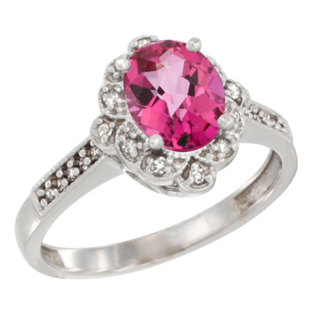 14K White Gold Natural Pink Topaz Ring Oval 8x6 mm Floral Diamond Halo, sizes 5 - 10
