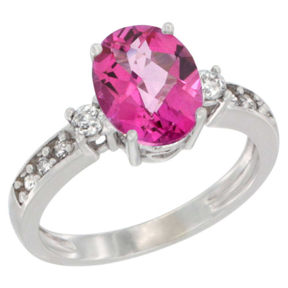 14K White Gold Natural Pink Topaz Ring Oval 9x7 mm Diamond Accent, sizes 5 - 10