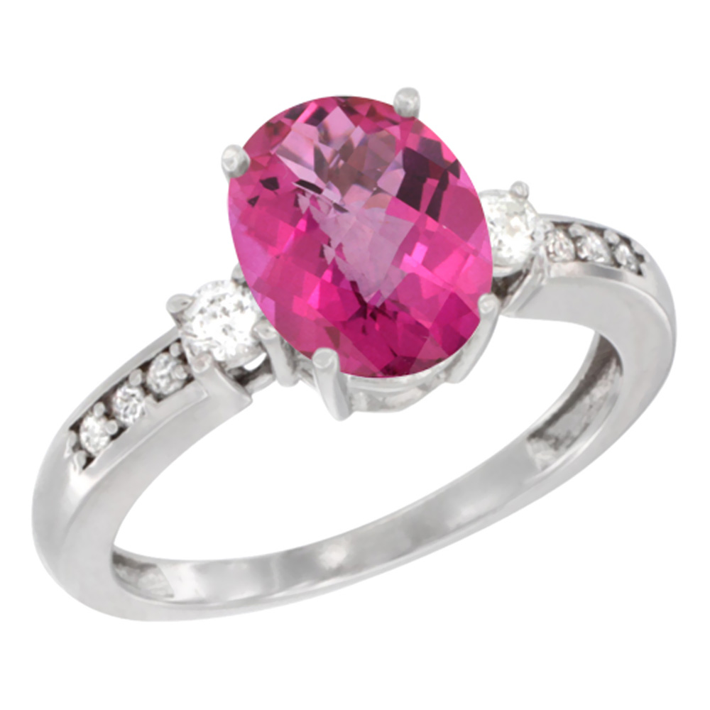 10k White Gold Natural Pink Topaz Ring Oval 9x7 mm Diamond Accent, sizes 5 - 10