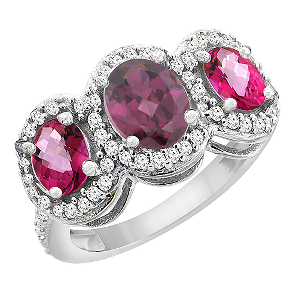 14K White Gold Natural Rhodolite & Pink Topaz 3-Stone Ring Oval Diamond Accent, sizes 5 - 10