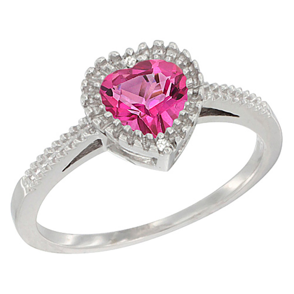 14K White Gold Natural Pink Topaz Ring Heart 6x6 mm, sizes 5 - 10