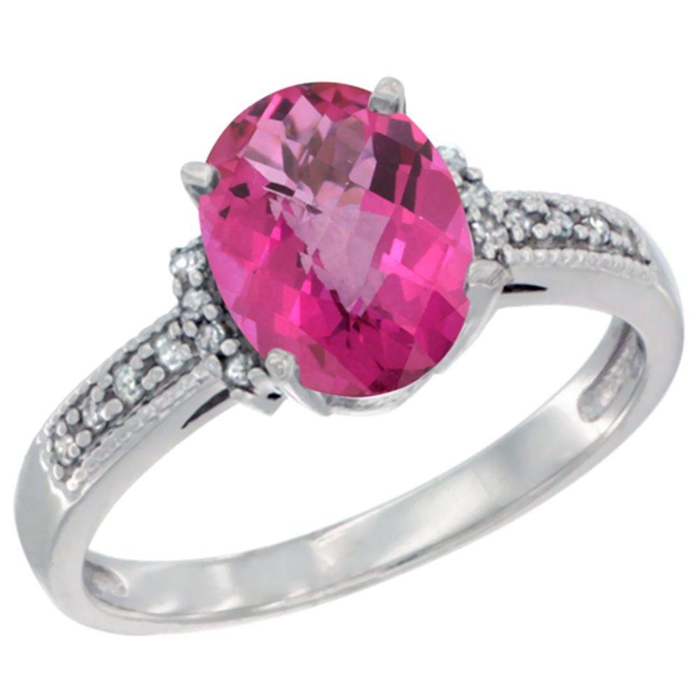 10K White Gold Natural Pink Topaz Ring Oval 9x7 mm Diamond Accent, sizes 5 - 10