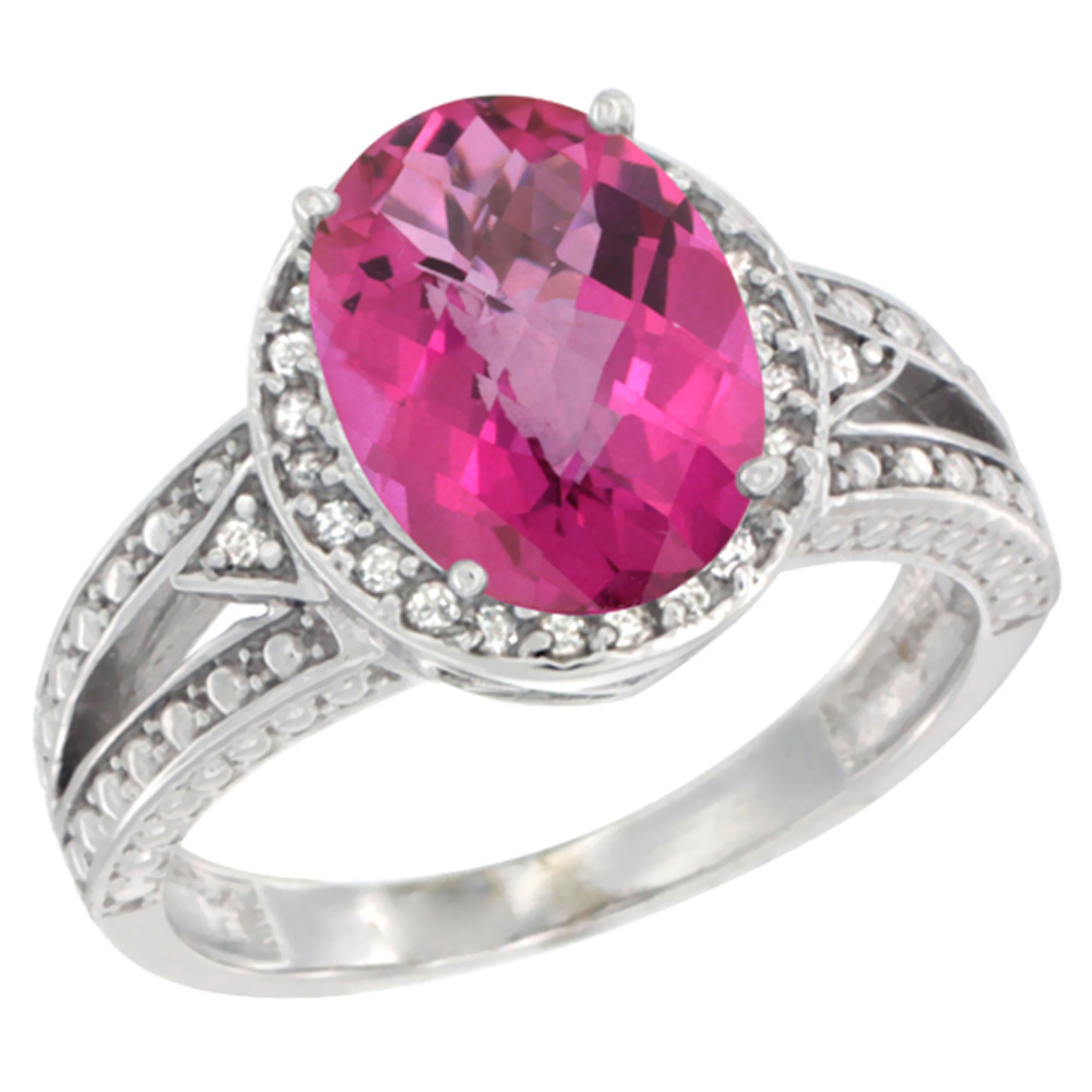 10k Yellow Gold Natural Pink Topaz Ring Oval 9x7 mm Diamond Halo, sizes 5 - 10