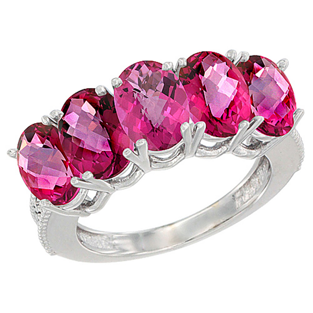 10K Yellow Gold Natural Pink Topaz 1 ct. Oval 7x5mm 5-Stone Mother&#039;s Ring with Diamond Accents, sizes 5 to 10 with half sizes