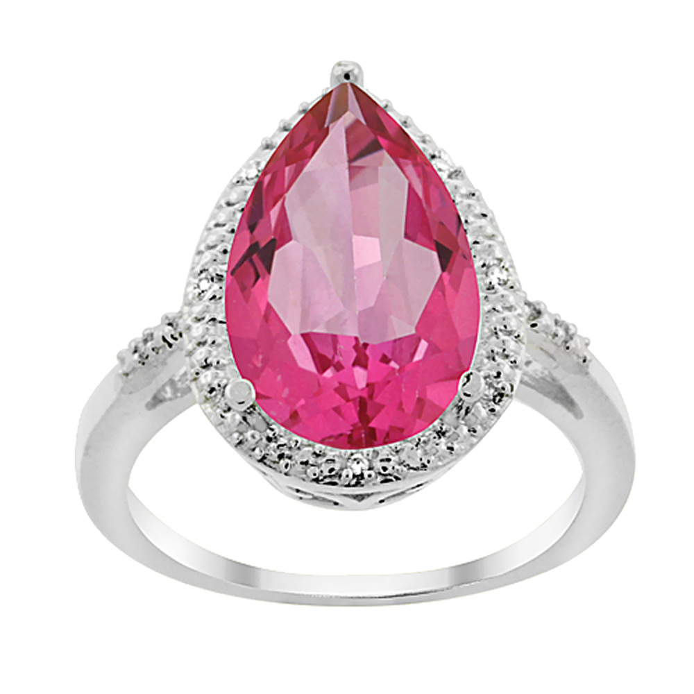 10K White Gold Natural Pink Topaz Ring Pear Shape 10x15 mm Diamond Accent, sizes 5 - 10