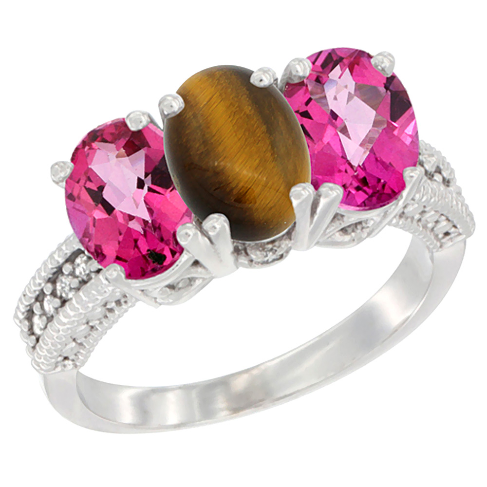 10K White Gold Natural Tiger Eye &amp; Pink Topaz Sides Ring 3-Stone Oval 7x5 mm Diamond Accent, sizes 5 - 10