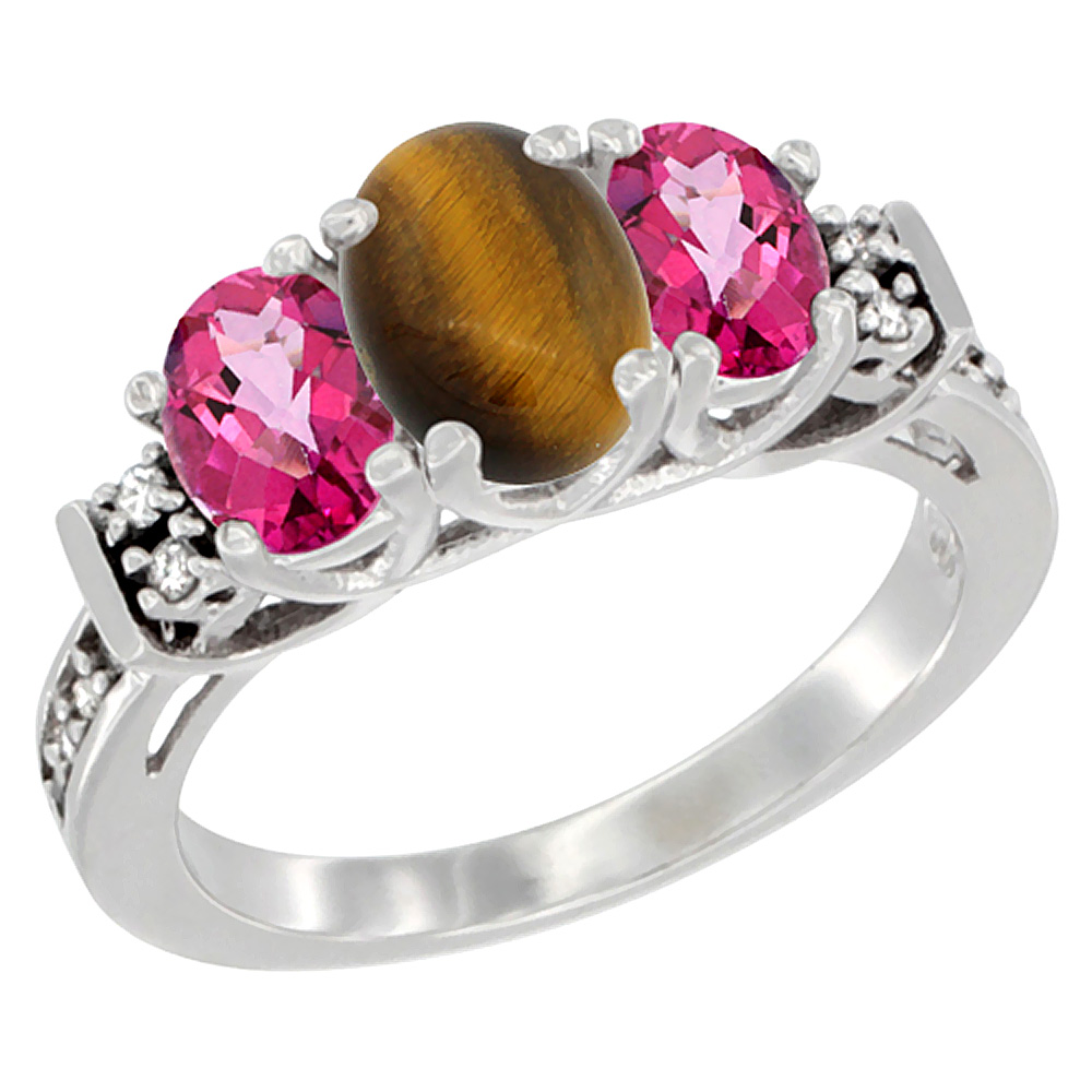 14K White Gold Natural Tiger Eye &amp; Pink Topaz Ring 3-Stone Oval Diamond Accent, sizes 5-10