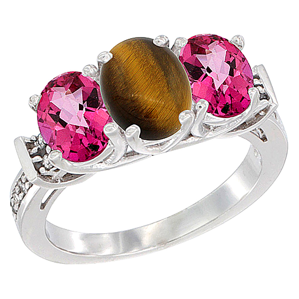14K White Gold Natural Tiger Eye & Pink Topaz Sides Ring 3-Stone Oval Diamond Accent, sizes 5 - 10