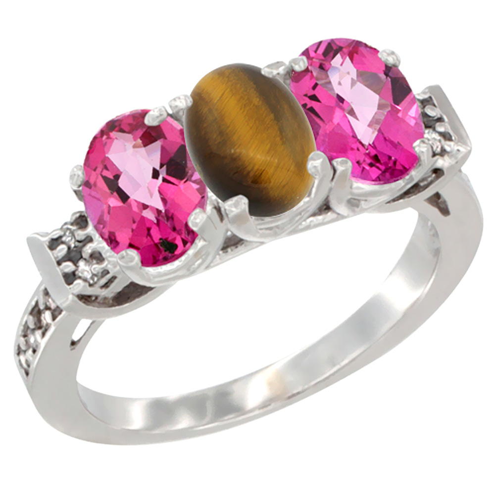 10K White Gold Natural Tiger Eye & Pink Topaz Sides Ring 3-Stone Oval 7x5 mm Diamond Accent, sizes 5 - 10