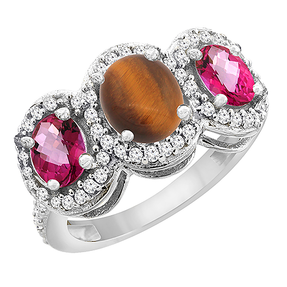14K White Gold Natural Tiger Eye &amp; Pink Topaz 3-Stone Ring Oval Diamond Accent, sizes 5 - 10