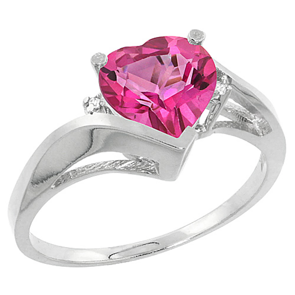 10K White Gold Natural Pink Topaz Heart Ring 7mm Diamond Accent, sizes 5 - 10