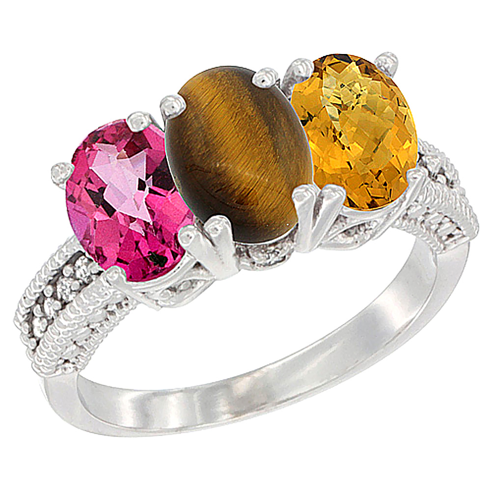 14K White Gold Natural Pink Topaz, Tiger Eye & Whisky Quartz Ring 3-Stone 7x5 mm Oval Diamond Accent, sizes 5 - 10