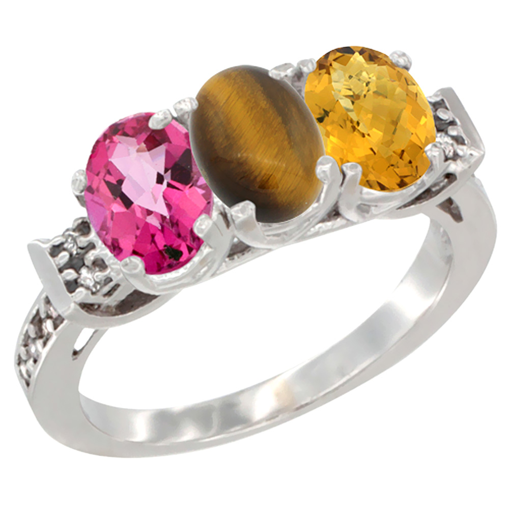10K White Gold Natural Pink Topaz, Tiger Eye &amp; Whisky Quartz Ring 3-Stone Oval 7x5 mm Diamond Accent, sizes 5 - 10