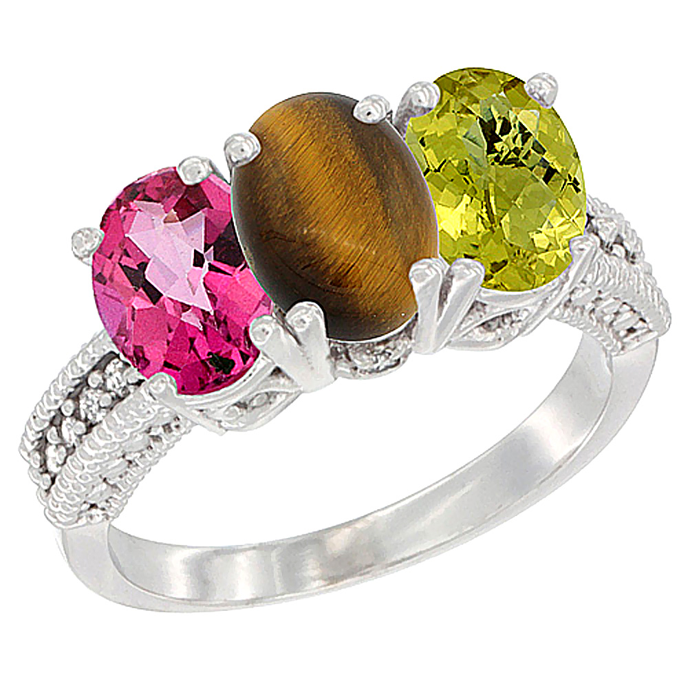 14K White Gold Natural Pink Topaz, Tiger Eye &amp; Lemon Quartz Ring 3-Stone 7x5 mm Oval Diamond Accent, sizes 5 - 10