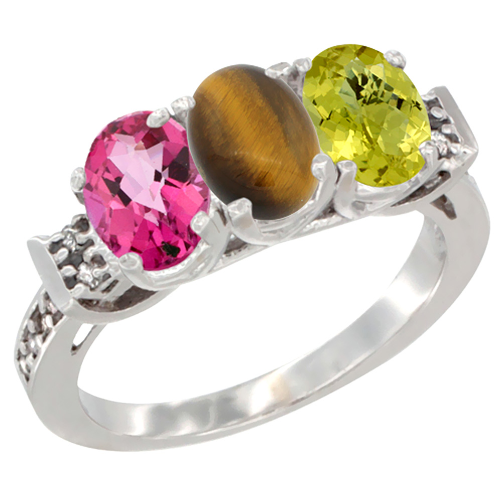 14K White Gold Natural Pink Topaz, Tiger Eye &amp; Lemon Quartz Ring 3-Stone Oval 7x5 mm Diamond Accent, sizes 5 - 10