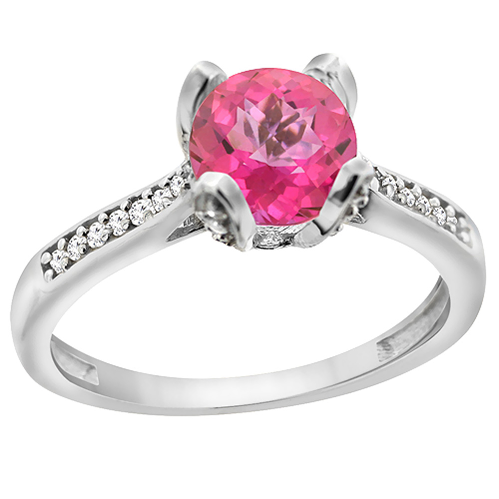 14K White Gold Diamond Natural Pink Topaz Engagement Ring Round 7mm, sizes 5 to 10 with half sizes