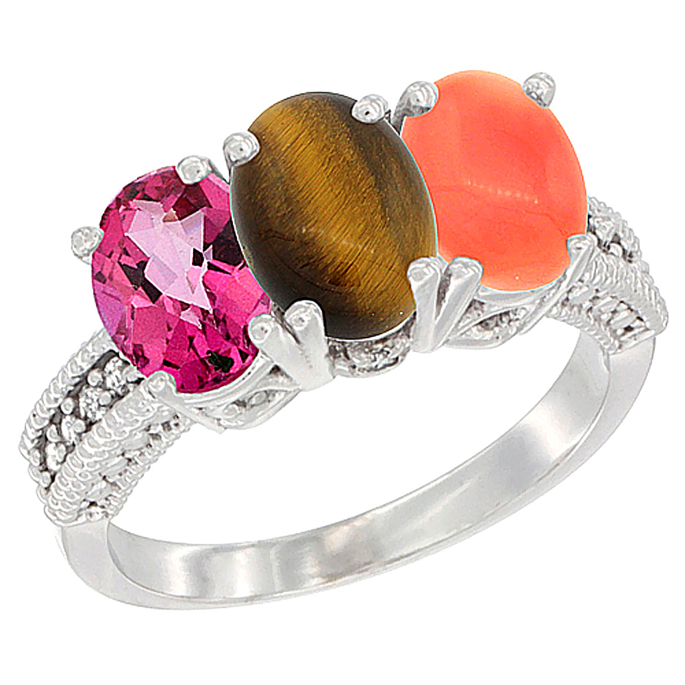 14K White Gold Natural Pink Topaz, Tiger Eye &amp; Coral Ring 3-Stone 7x5 mm Oval Diamond Accent, sizes 5 - 10