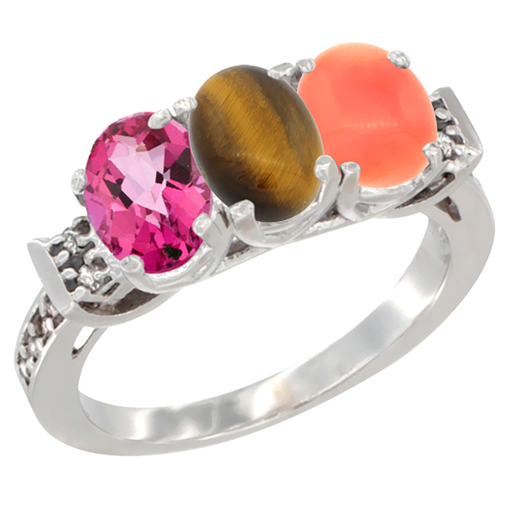 10K White Gold Natural Pink Topaz, Tiger Eye &amp; Coral Ring 3-Stone Oval 7x5 mm Diamond Accent, sizes 5 - 10