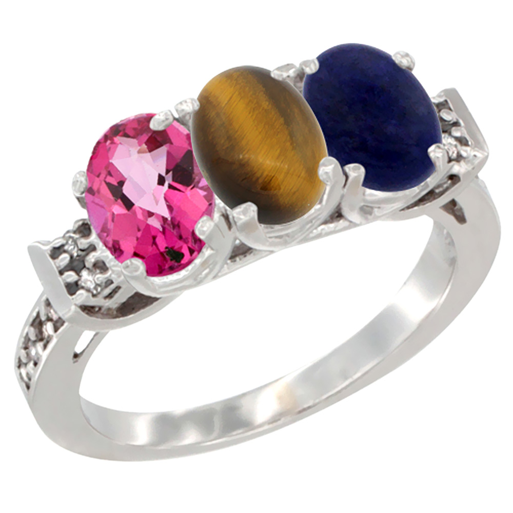 10K White Gold Natural Pink Topaz, Tiger Eye & Lapis Ring 3-Stone Oval 7x5 mm Diamond Accent, sizes 5 - 10