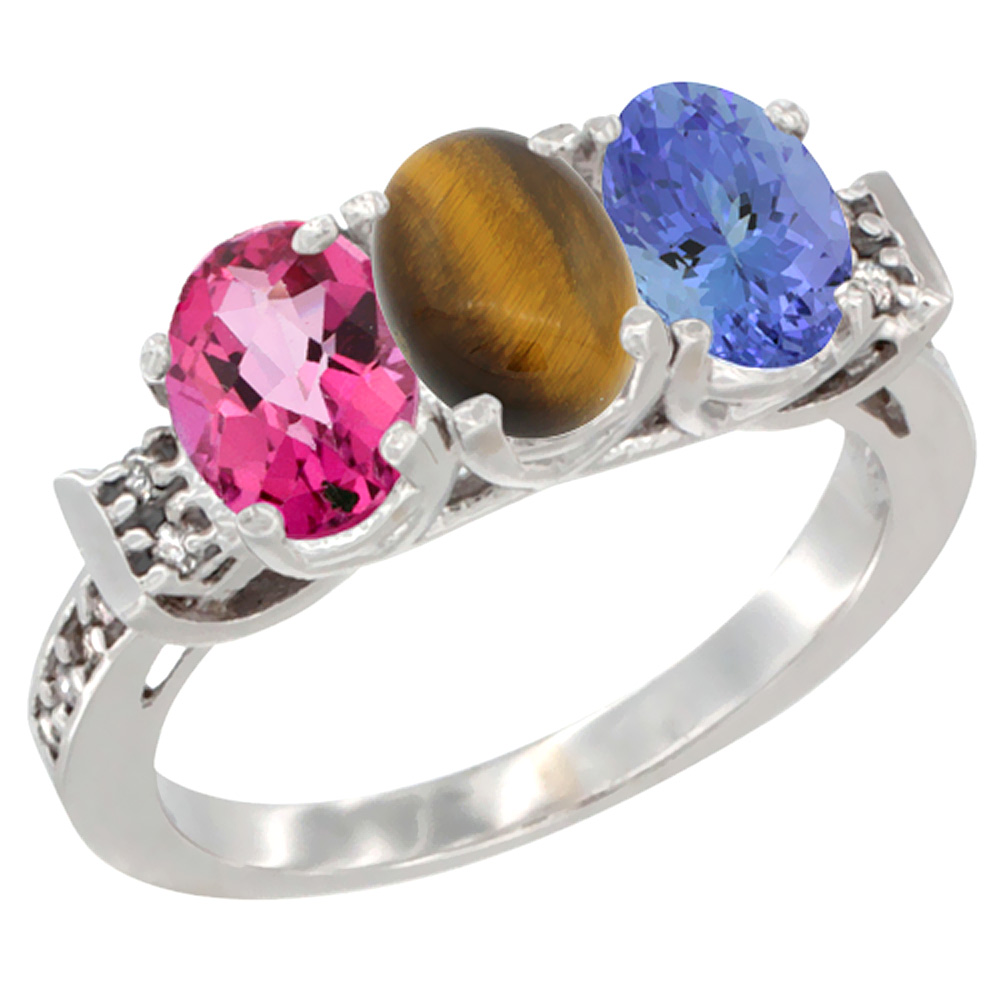 14K White Gold Natural Pink Topaz, Tiger Eye &amp; Tanzanite Ring 3-Stone Oval 7x5 mm Diamond Accent, sizes 5 - 10