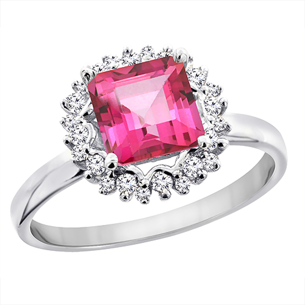 14K White Gold Natural Pink Topaz Ring Square 6x6 mm Diamond Accents, sizes 5 - 10