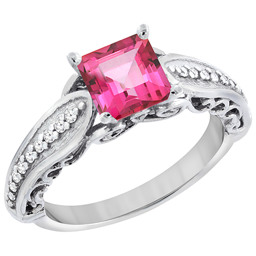14K White Gold Natural Pink Topaz Ring Square 8x8mm with Diamond Accents, sizes 5 - 10