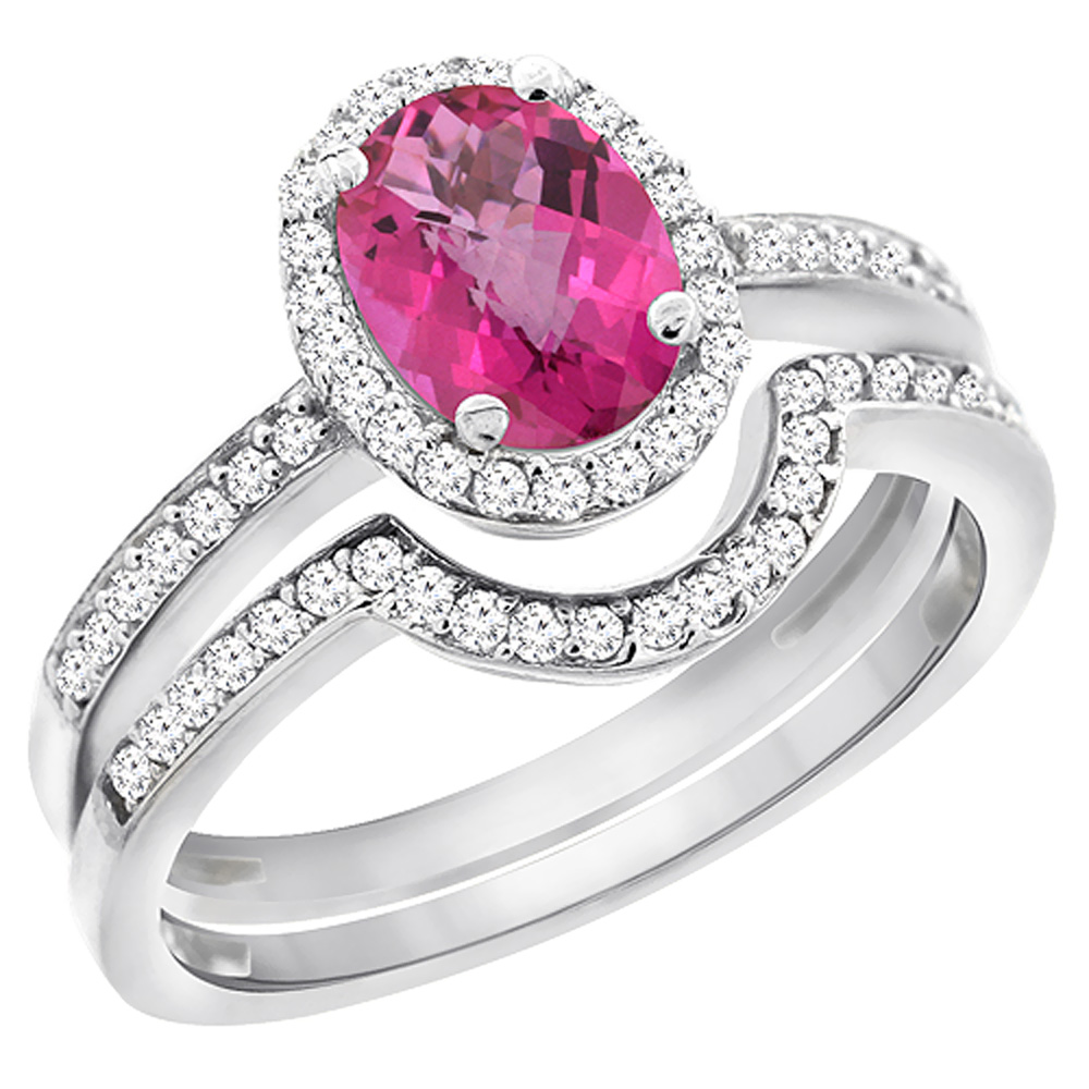 10K White Gold Diamond Natural Pink Sapphire 2-Pc. Engagement Ring Set Oval 8x6 mm, sizes 5 - 10