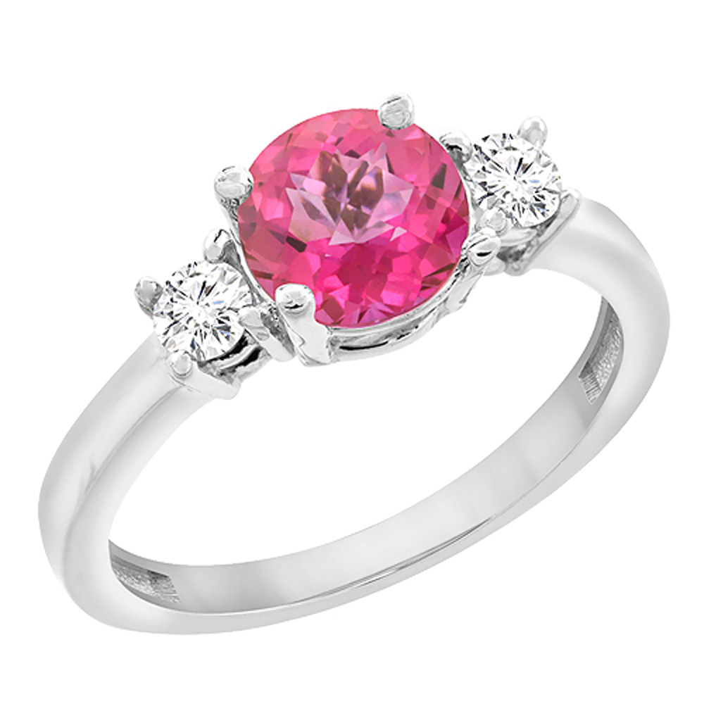 14K White Gold Diamond Natural Pink Topaz Engagement Ring Round 7mm, sizes 5 to 10 with half sizes
