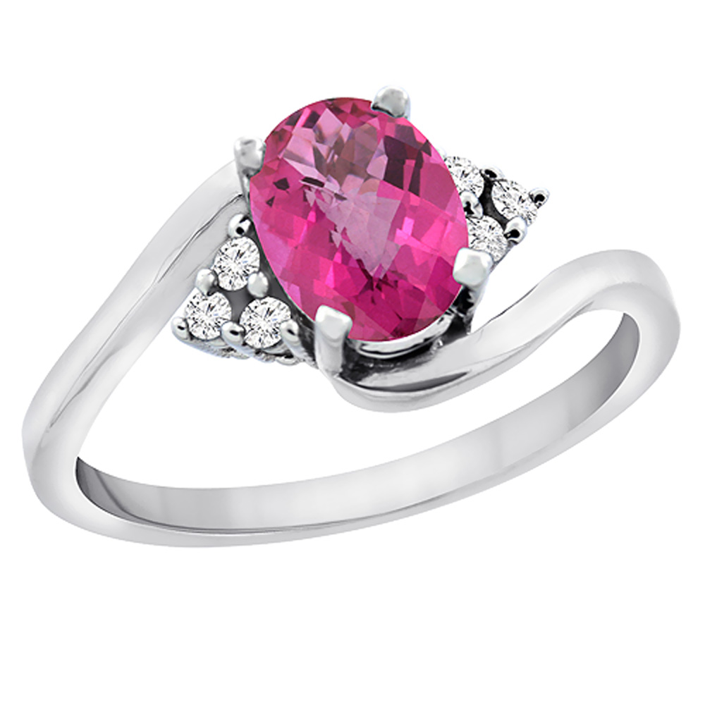 14K White Gold Diamond Natural Pink Sapphire Engagement Ring Oval 7x5mm, sizes 5 - 10
