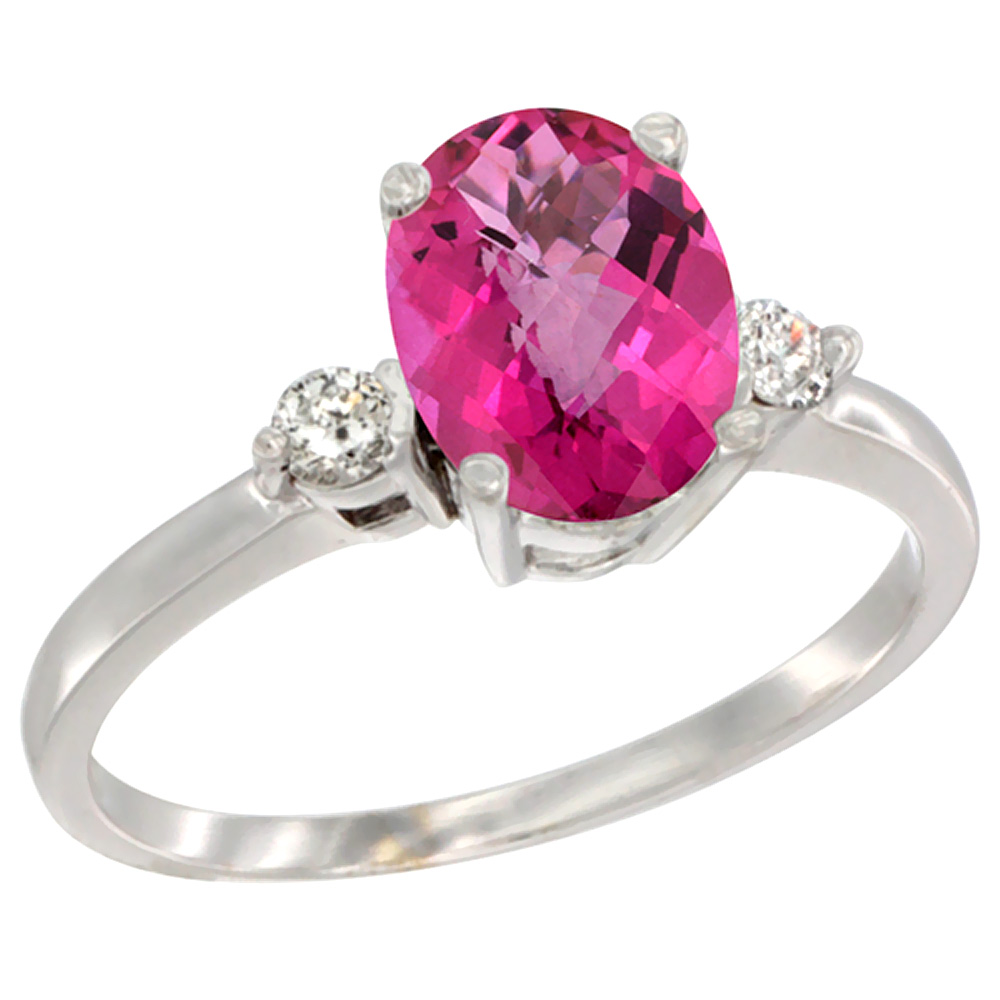 14K White Gold Natural Pink Topaz Ring Oval 9x7 mm Diamond Accent, sizes 5 to 10