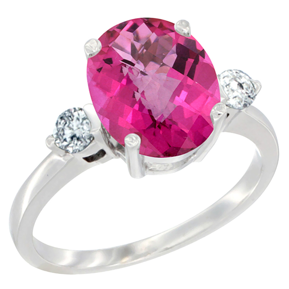 14K White Gold 10x8mm Oval Natural Pink Topaz Ring for Women Diamond Side-stones sizes 5 - 10