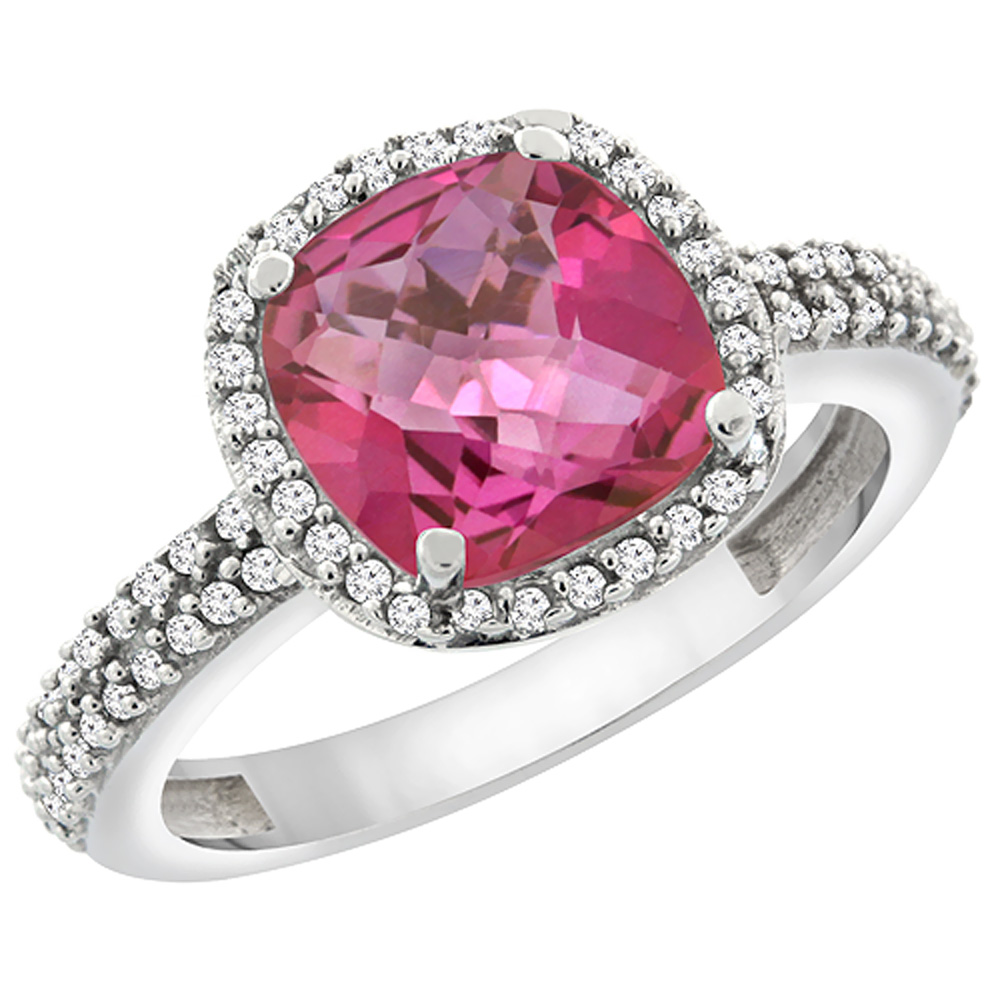 14K White Gold Natural Pink Topaz Cushion 8x8 mm with Diamond Accents, sizes 5 - 10