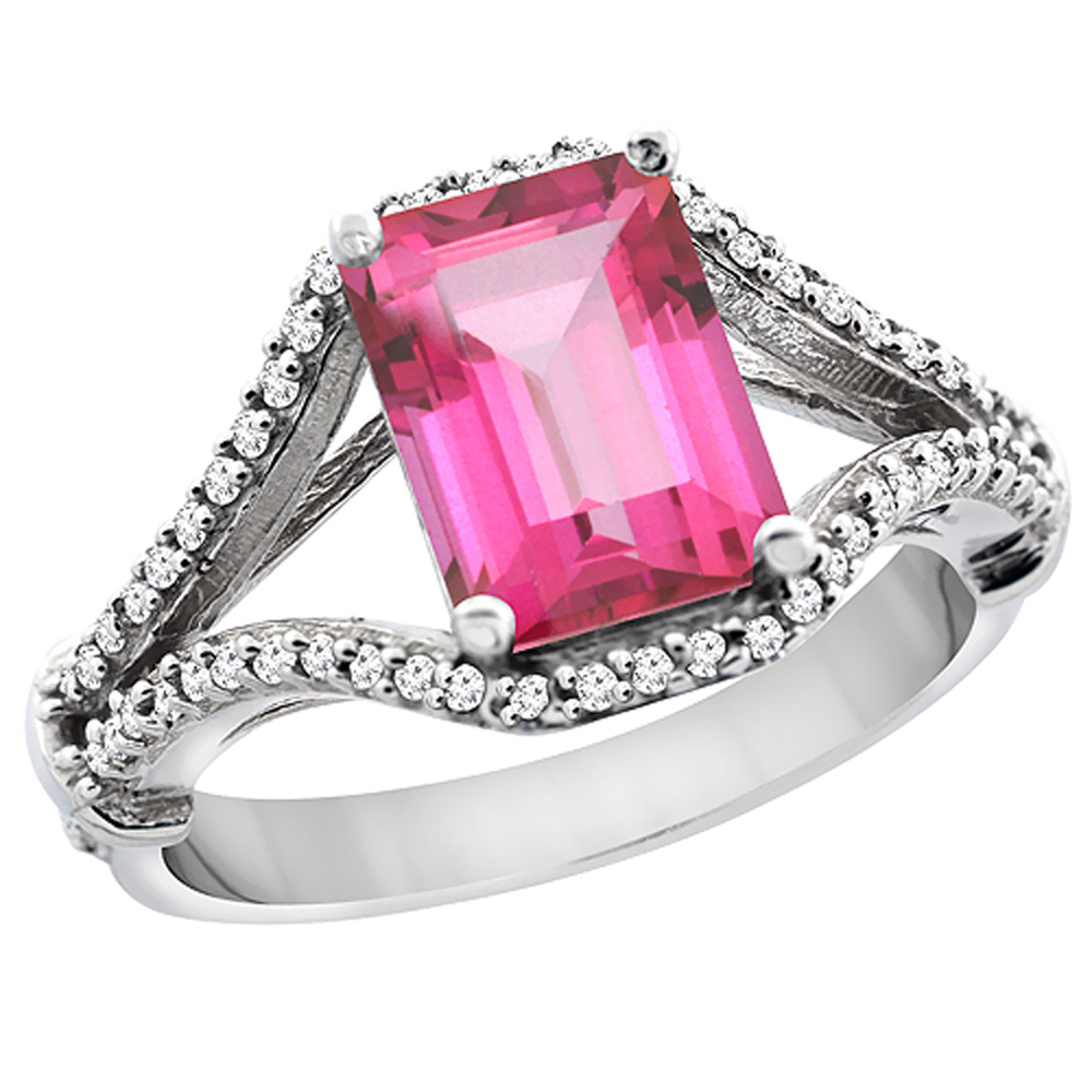 10K White Gold Natural Pink Topaz Ring Octagon 8x6 mm with Diamond Accents, sizes 5 - 10