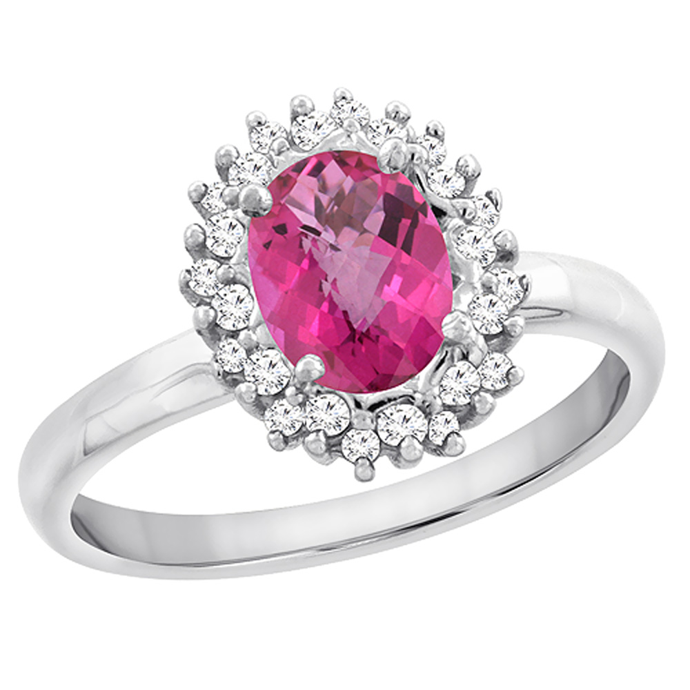 14K White Gold Diamond Natural Pink Sapphire Engagement Ring Oval 7x5mm, sizes 5 - 10