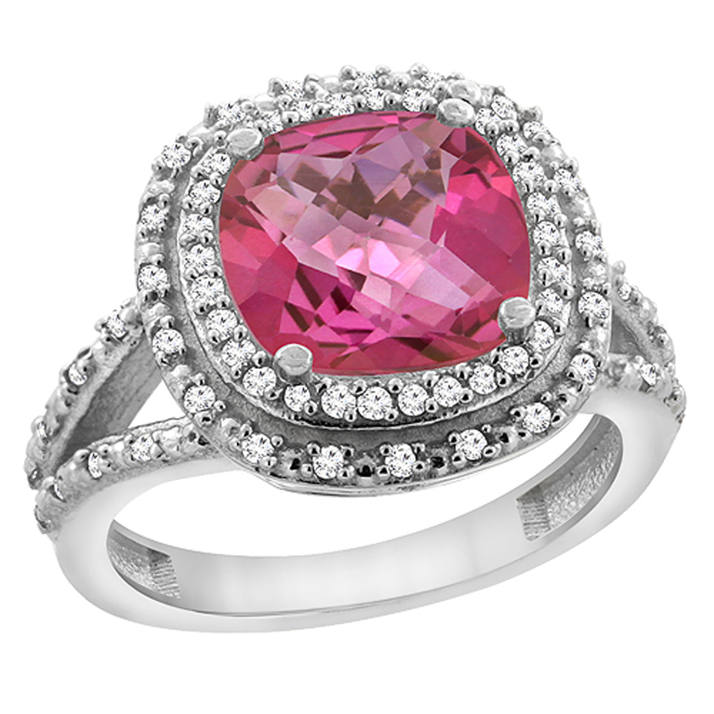 10K White Gold Natural Pink Topaz Ring Cushion 8x8 mm with Diamond Accents, sizes 5 - 10