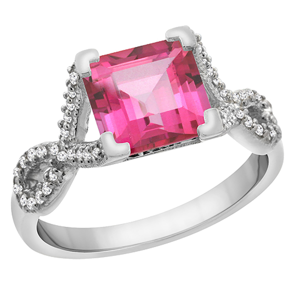 10K White Gold Natural Pink Topaz Ring Square 7x7 mm Diamond Accents, sizes 5 to 10