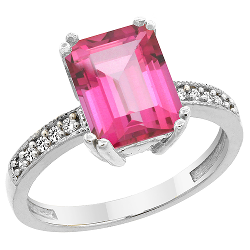 14K White Gold Natural Pink Topaz Ring Octagon 10x8mm Diamond Accent, sizes 5 to 10