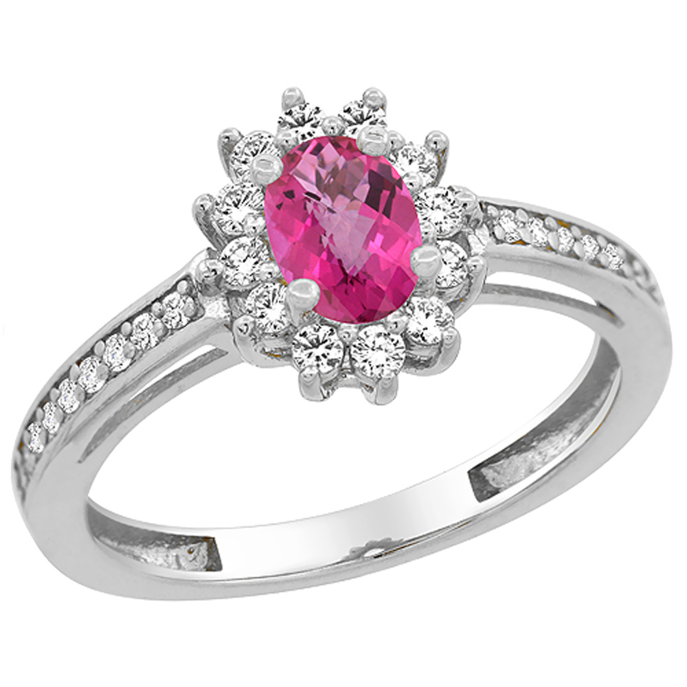 10K White Gold Natural Pink Topaz Flower Halo Ring Oval 6x4 mm Diamond Accents, sizes 5 - 10