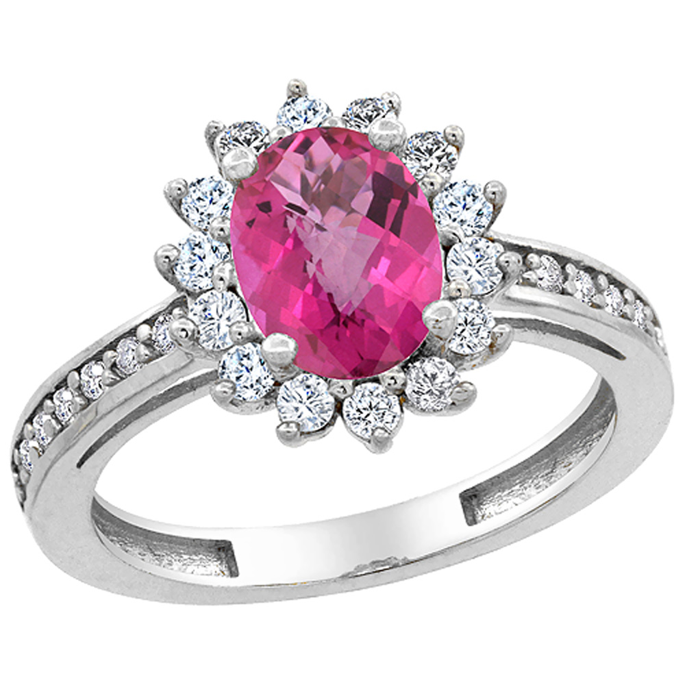 14K White Gold Natural Pink Sapphire Floral Halo Ring Oval 8x6mm Diamond Accents, sizes 5 - 10