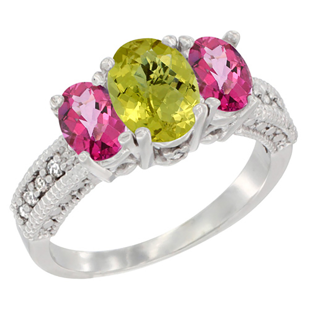 10K White Gold Diamond Natural Lemon Quartz Ring Oval 3-stone with Pink Topaz, sizes 5 - 10