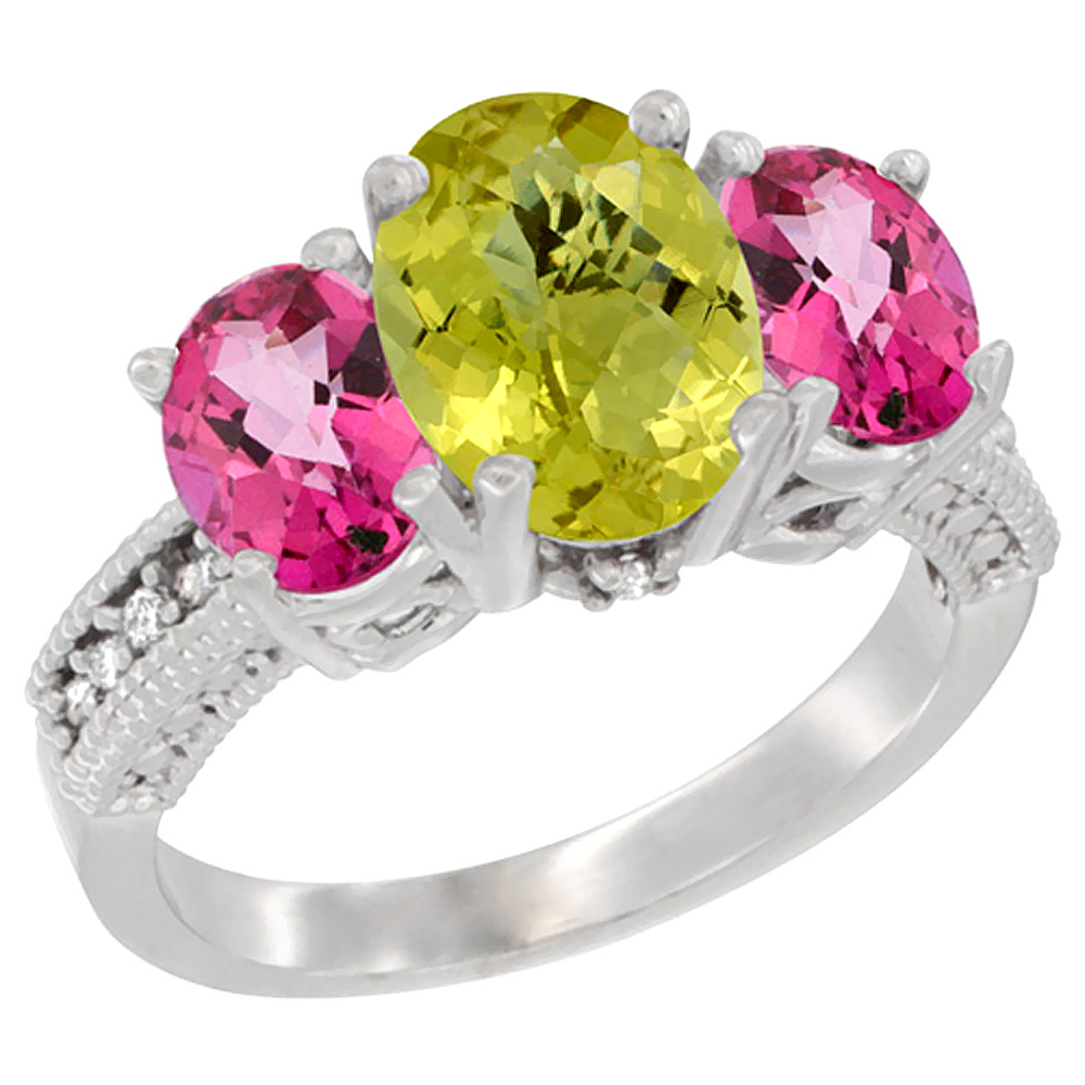10K White Gold Diamond Natural Lemon Quartz Ring 3-Stone Oval 8x6mm with Pink Topaz, sizes5-10