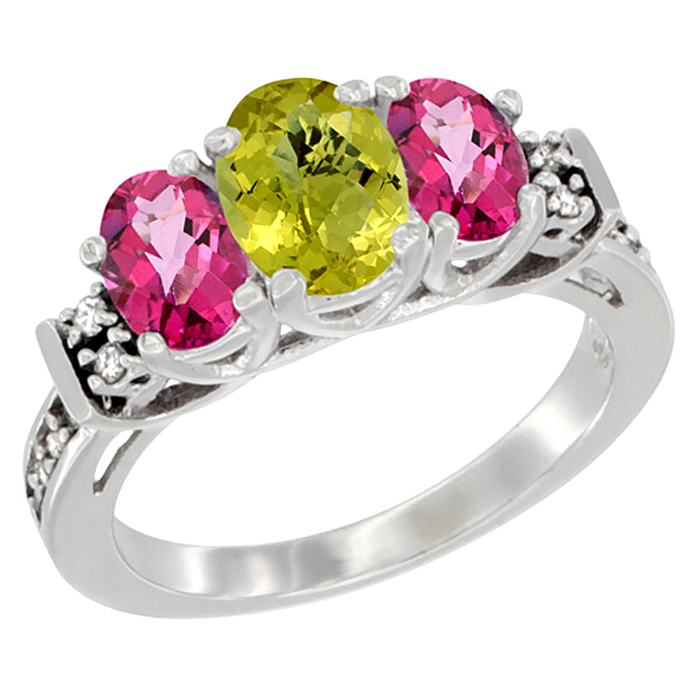 14K White Gold Natural Lemon Quartz &amp; Pink Topaz Ring 3-Stone Oval Diamond Accent, sizes 5-10