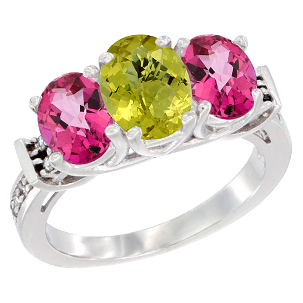 14K White Gold Natural Lemon Quartz &amp; Pink Topaz Sides Ring 3-Stone Oval Diamond Accent, sizes 5 - 10