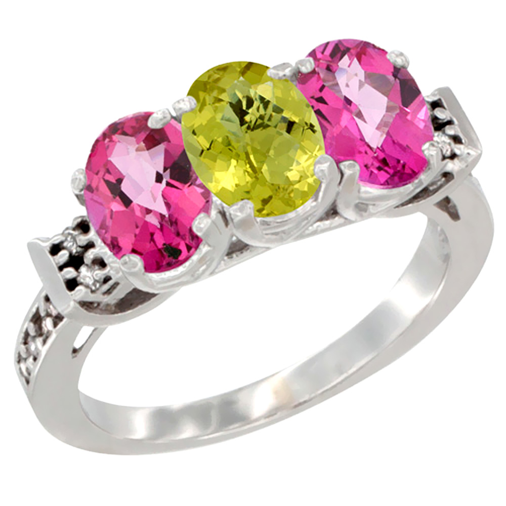 14K White Gold Natural Lemon Quartz &amp; Pink Topaz Sides Ring 3-Stone Oval 7x5 mm Diamond Accent, sizes 5 - 10