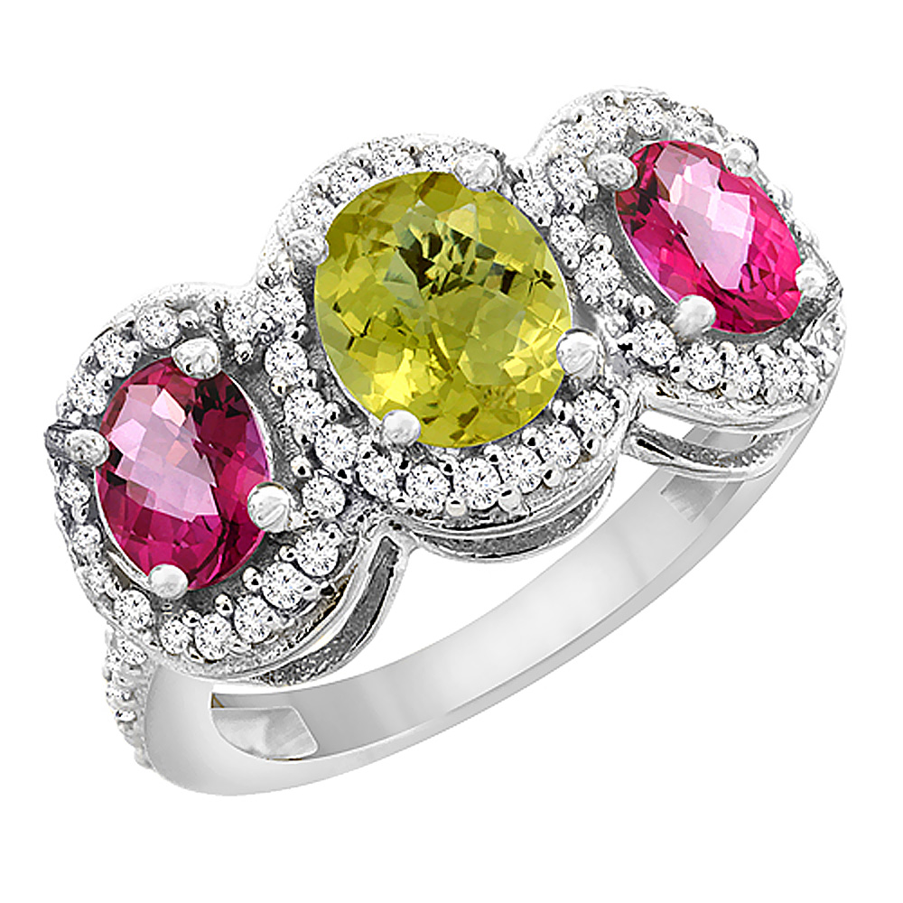 14K White Gold Natural Lemon Quartz & Pink Topaz 3-Stone Ring Oval Diamond Accent, sizes 5 - 10